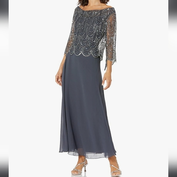 J Kara Grey/Mercurt/Gun 3/4 Scallop Beaded Pop Over Gown Size 10P - Picture 1 of 10